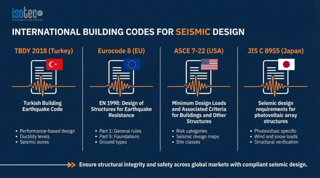 Deprem Standartları İnfografik - TBDY 2018 Eurocode 8 ASCE 7 IEC 62817