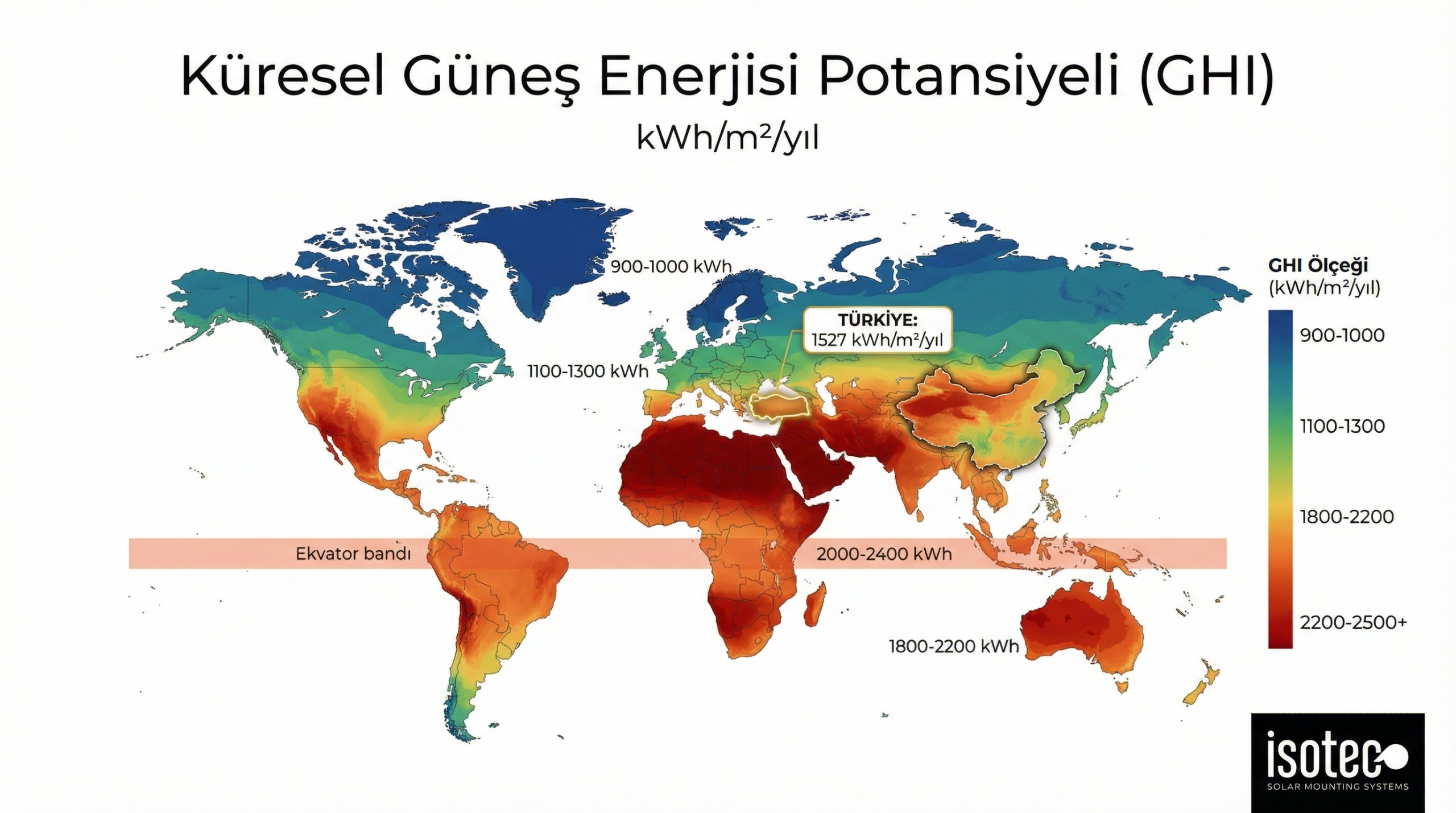 Küresel güneş enerjisi potansiyeli haritası - GHI kWh/m²/yıl