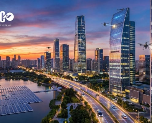 Solar panels, future technologies, smart cities.