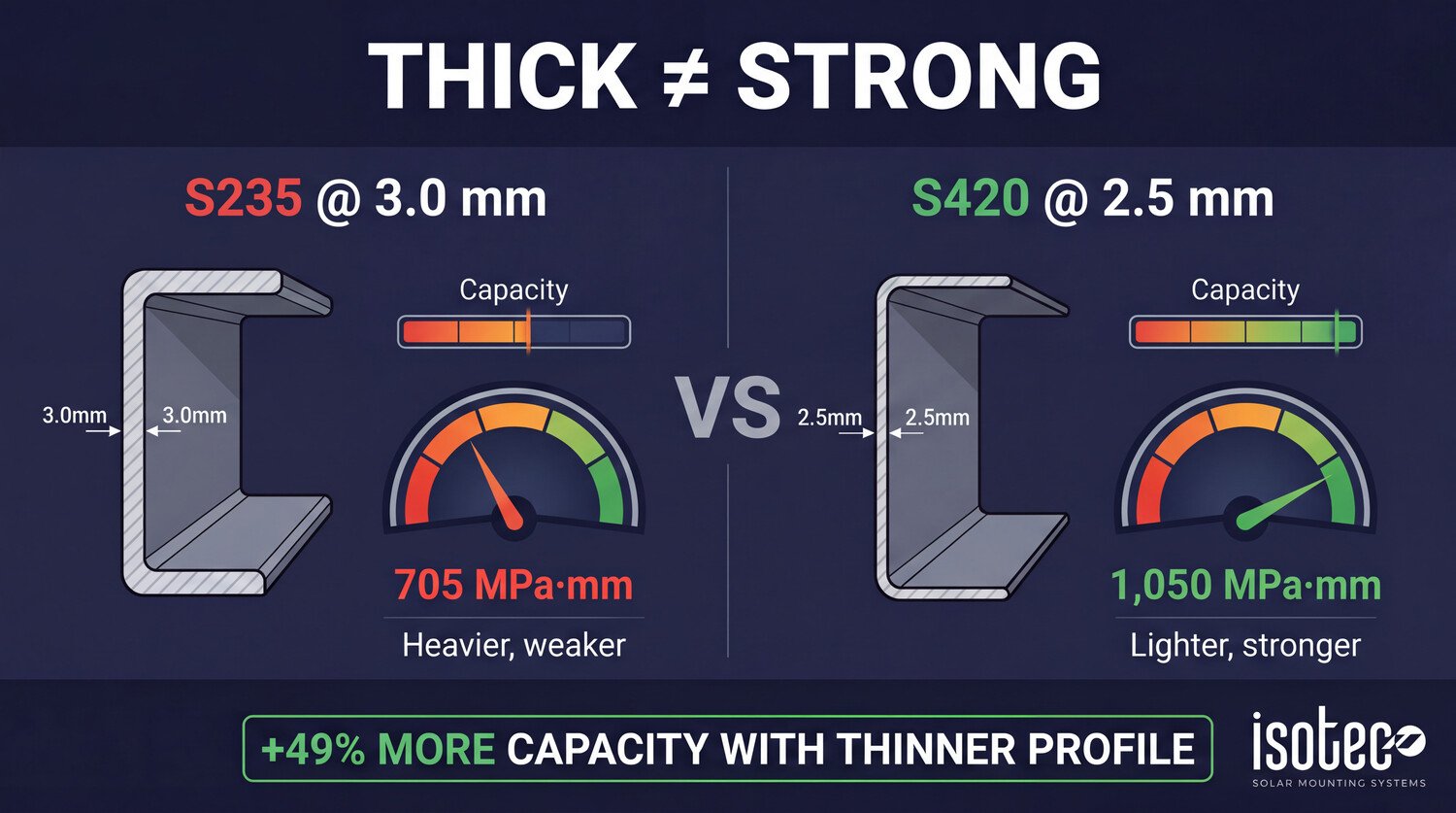 Kalın profil her zaman güçlü değildir: S235 3mm vs S420 2.5mm birim kapasite karşılaştırması