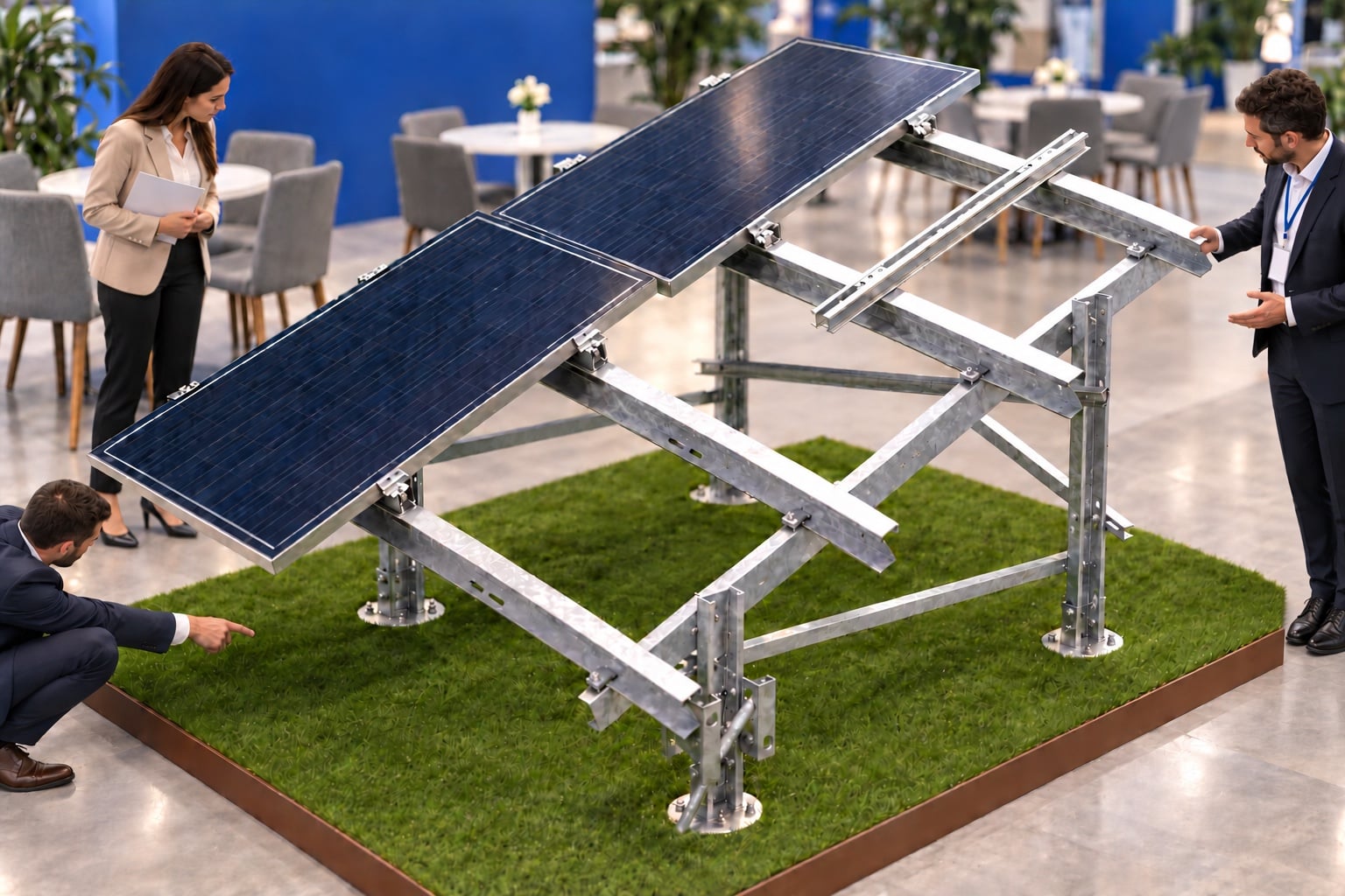 ISOTEC ISOGROUND TWO çift kolonlu arazi sistemini inceleyen ziyaretçiler, fuar standında